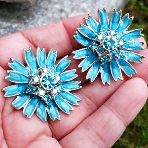Vtg Blue Enamel AB Rhinestone Encrusted Earrings
